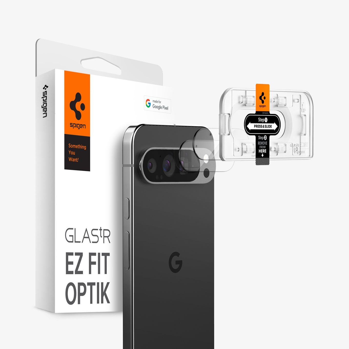 AGL08446 - Pixel 9 Pro XL Case Optik EZ Fit Lens Protector in Crystal Clear showing the installation tray hovering in front of the lens protector and the device, behind it, is the packaging