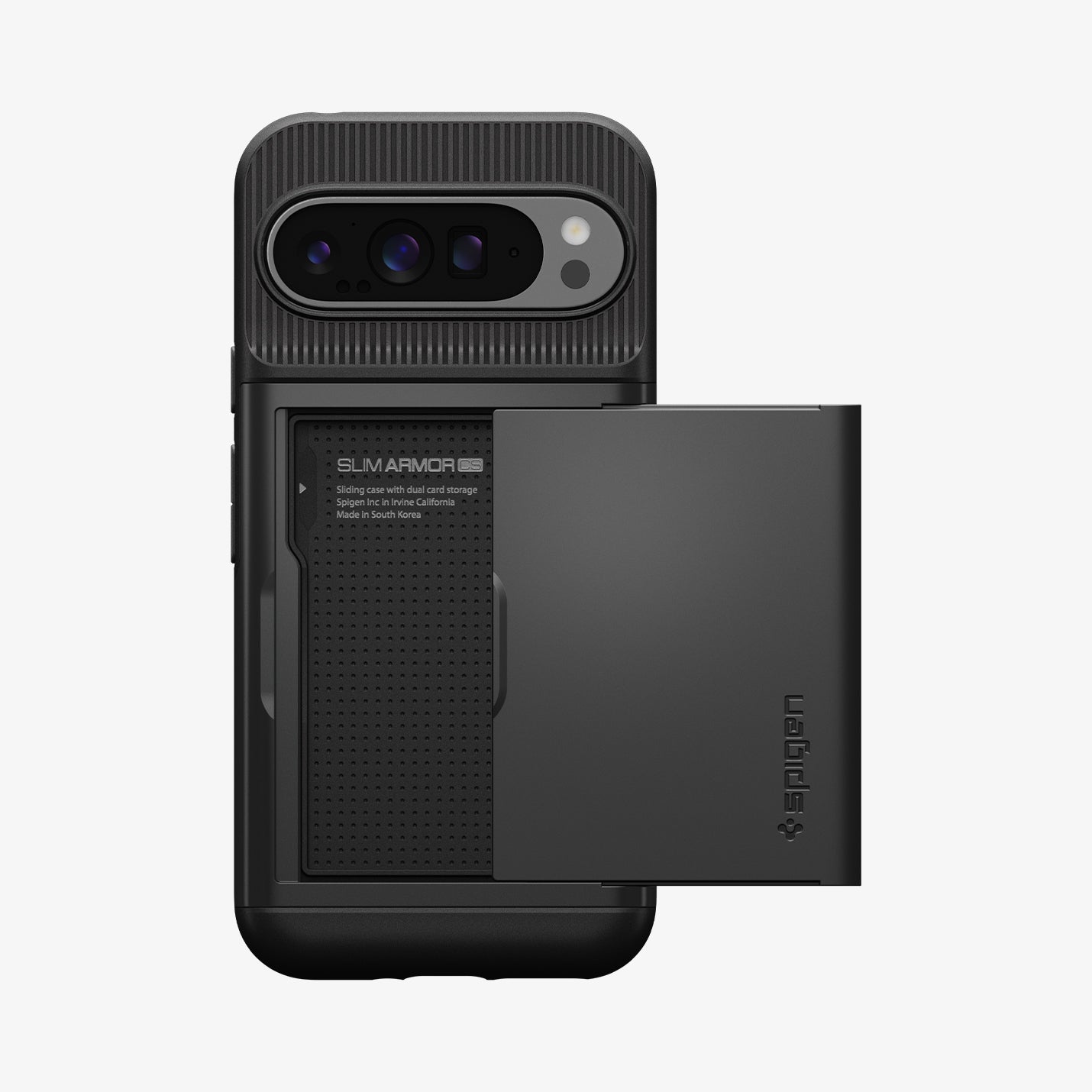 ACS07729 - Pixel 9 Pro XL Case Slim Armor CS in Black showing the back, and card slider open