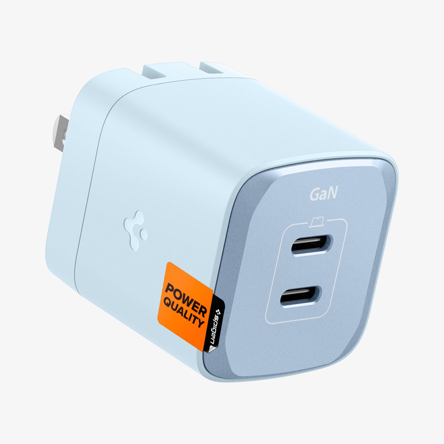 ACH05153 - ArcStation™ Pro GaN 452 Dual USB-C Wall Charger PE2203 in Sierra Blue showing the top and sides of a wall charger with 2 usb c type port and a spigen power quality sticker