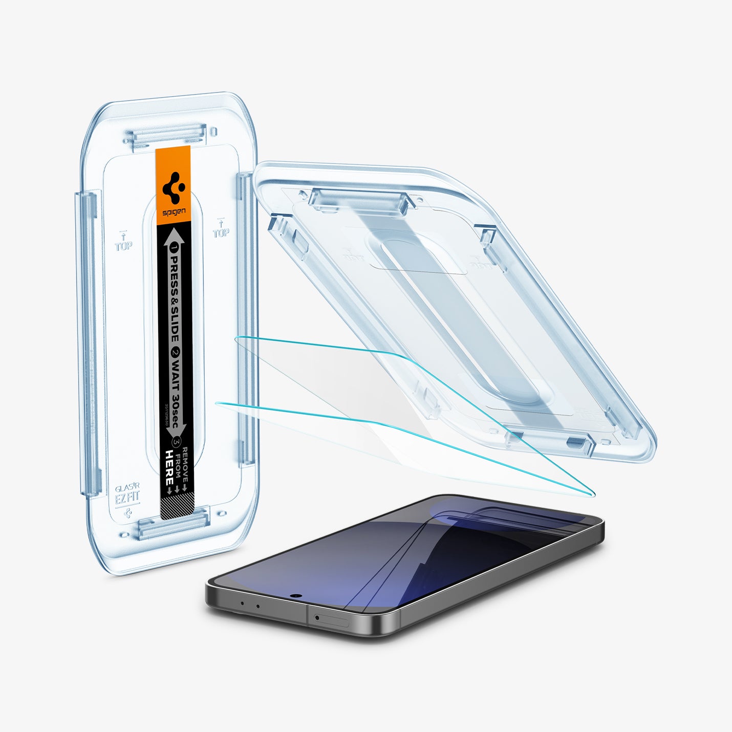 AGL08729 - Galaxy S24 FE GLAS.tR EZ Fit in Clear showing the alignment tray hovering above the 2 glass screen protector and a device, beside is a packaging