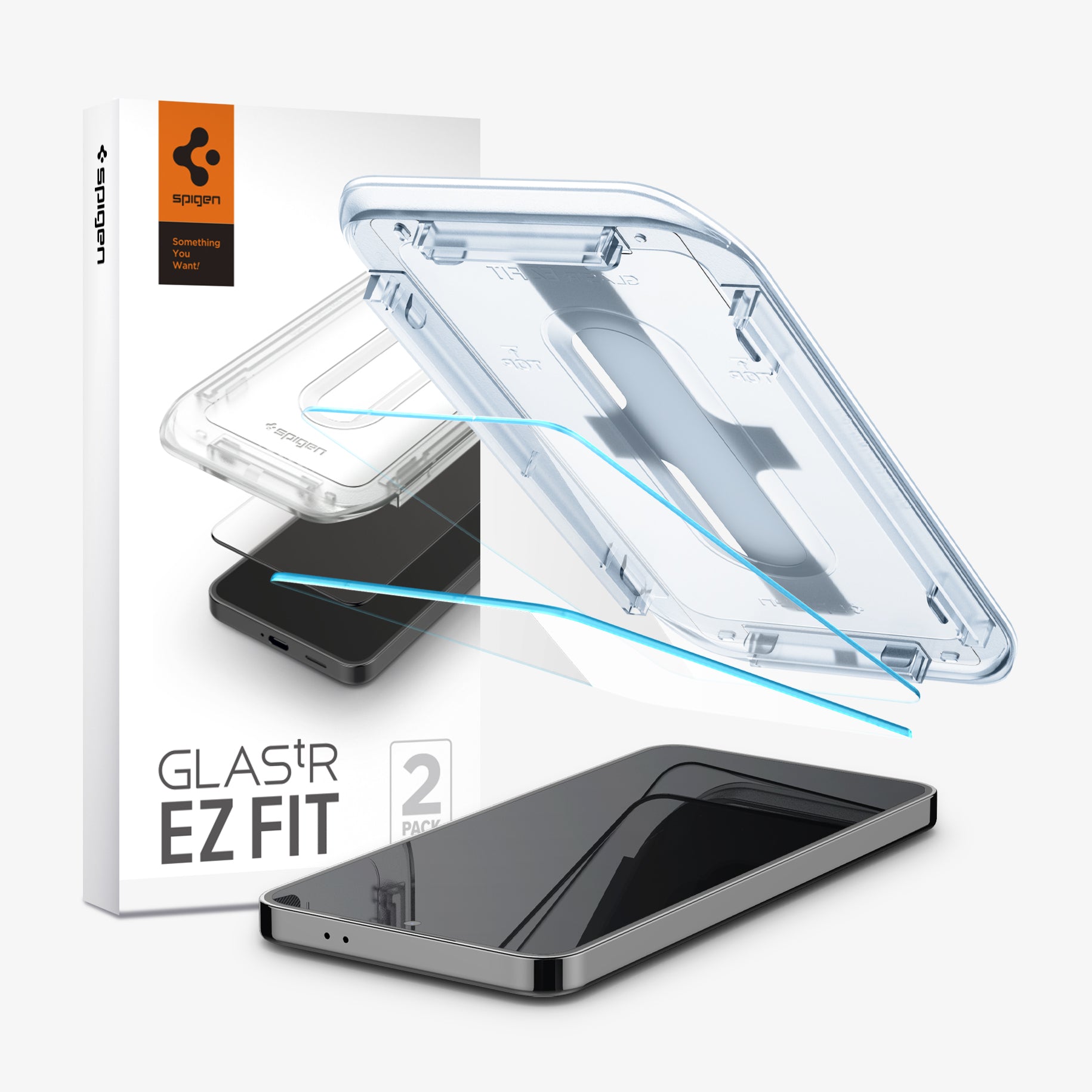 AGL07438 - Galaxy S24 GLAS.tR EZ Fit in Transparency showing the alignment tray hovering above the 2 glass screen protector and a device, beside is a packaging