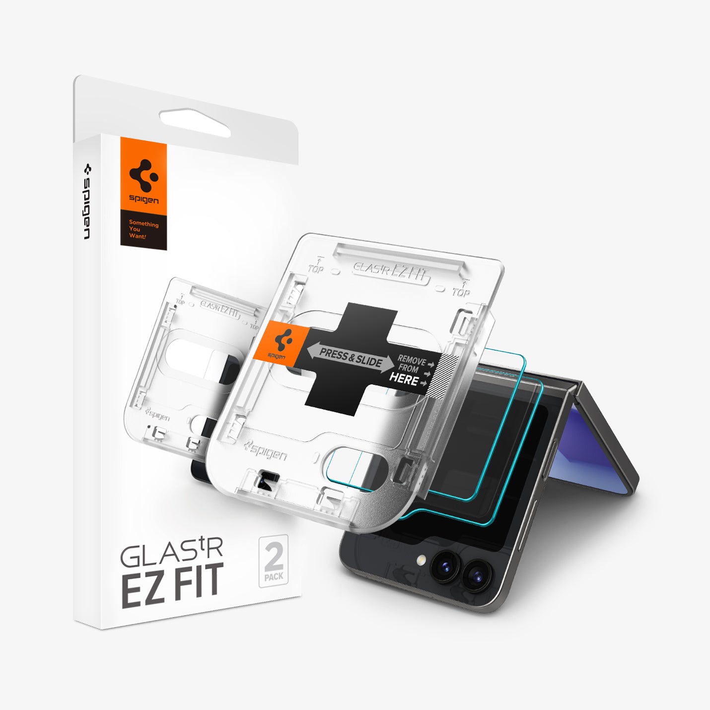 AGL07972 - Galaxy Z Flip 6 GLAS.tR EZ Fit showing the front of an alignment tray hovering above the device with the packaging