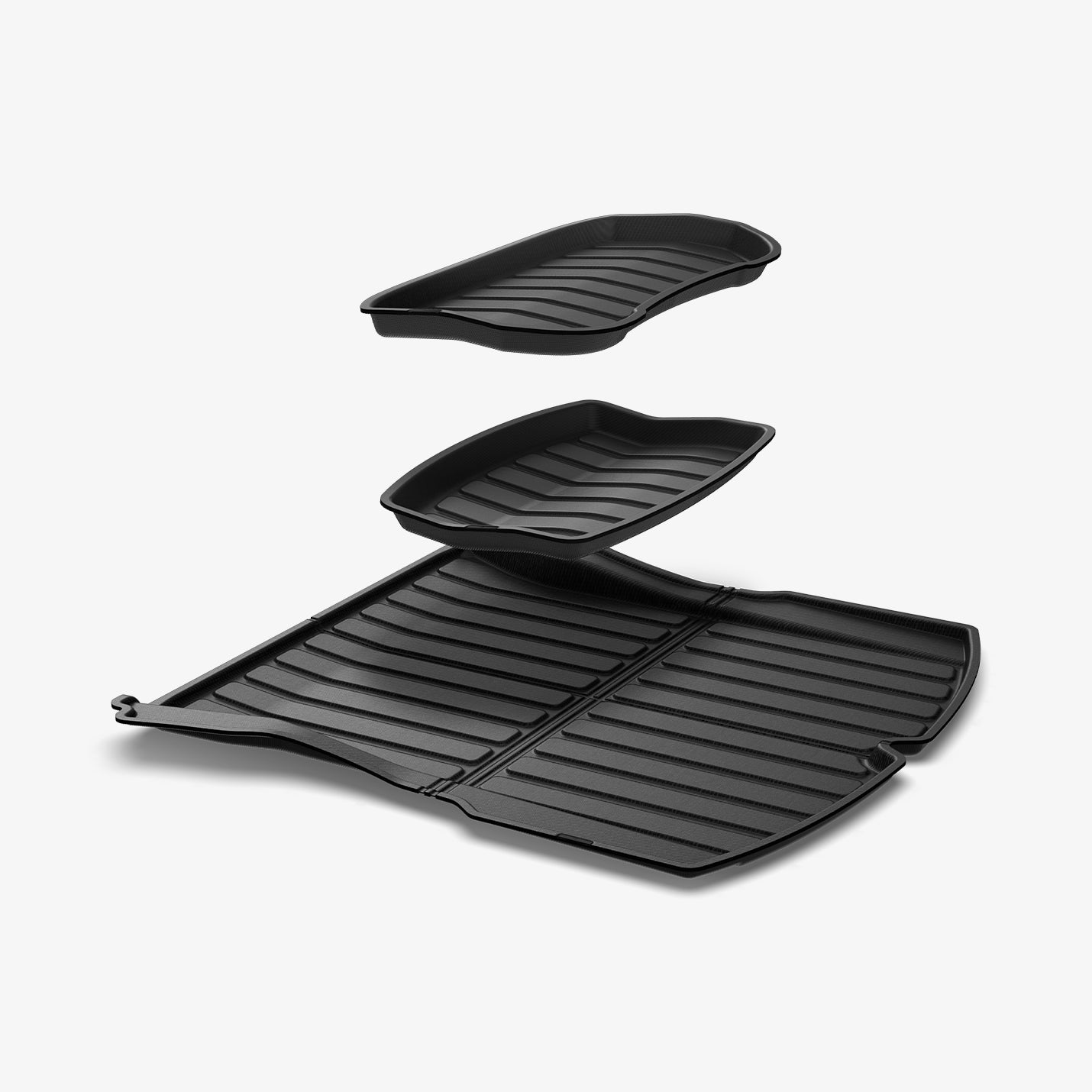 ACP07612 - Tesla Model 3 Highland Trunk Mat Liner TLT-3H in Black showing the 2 tray hovering the mat liner